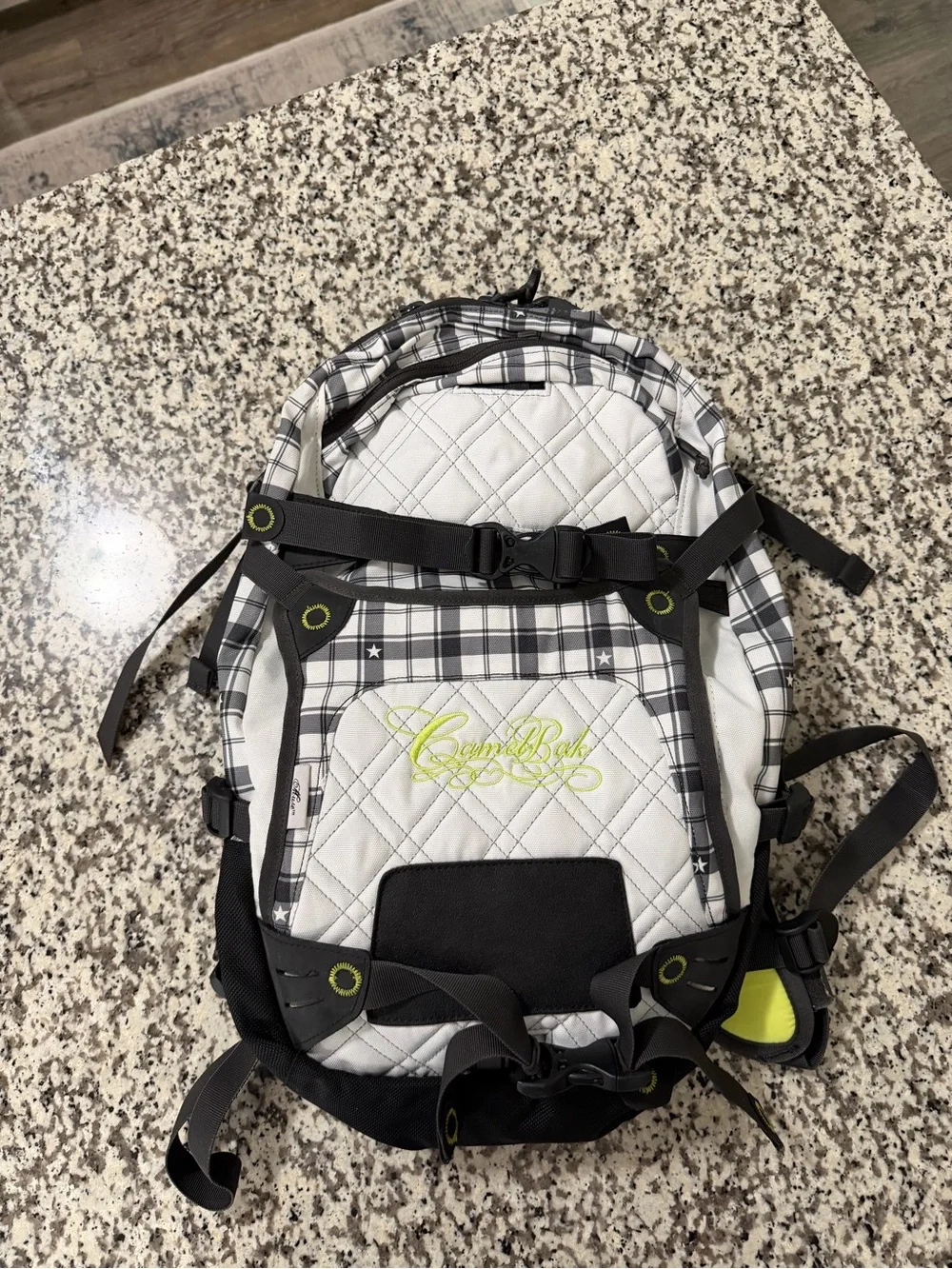 CamelBak Quilted White & Black Plaid Backpack with Lime Accent